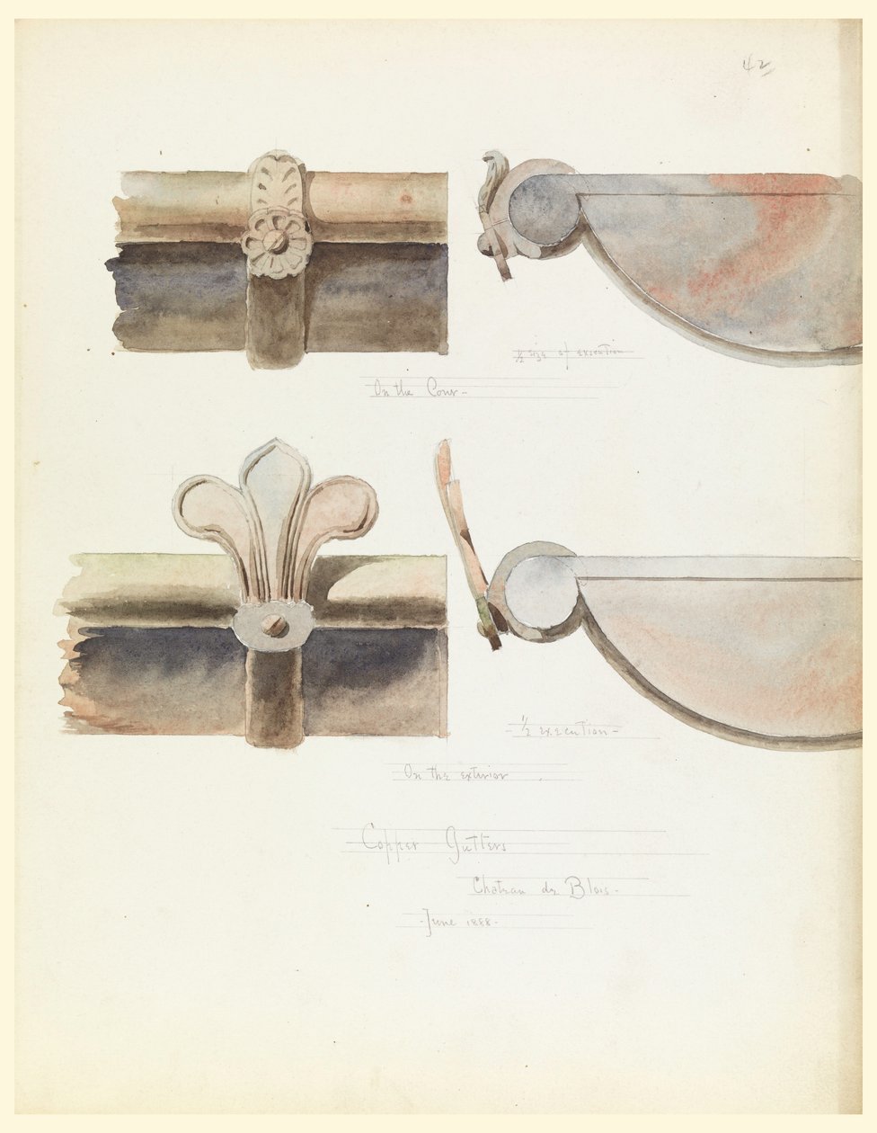 Ritning, två kopparrännor, från ett slott från 1500-talet, Blois, Frankrike, juni 1888 av Whitney Warren Jr.