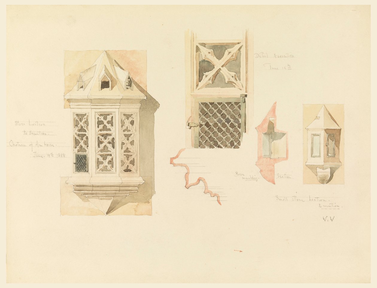 Ritning, Rendering av två stenlyktor, från slottet i Amboise, Frankrike, 14-15 juni 1888 av Whitney Warren Jr.