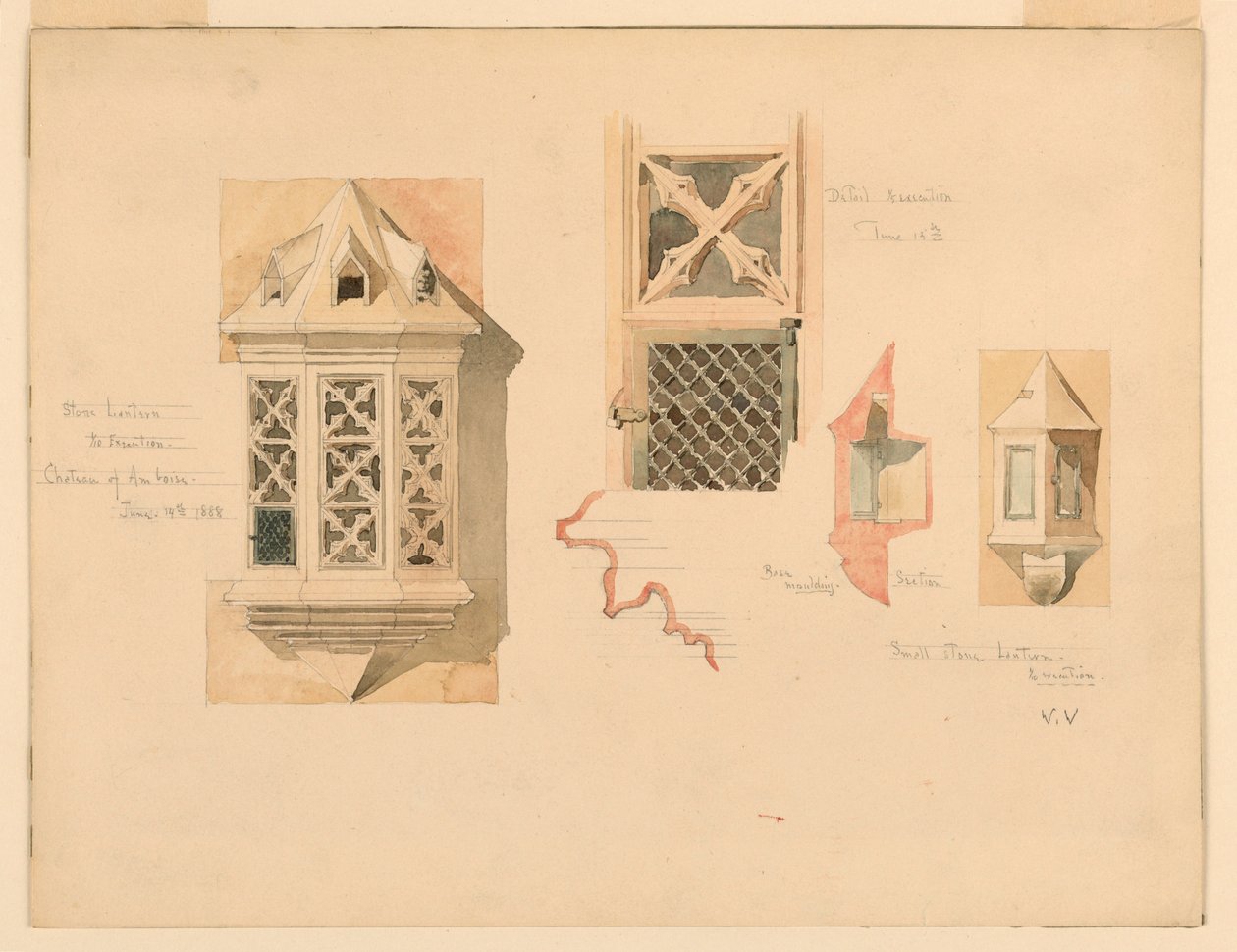 Ritning, Rendering av två stenlyktor, från slottet i Amboise, Frankrike, 14-15 juni 1888 av Whitney Warren Jr.