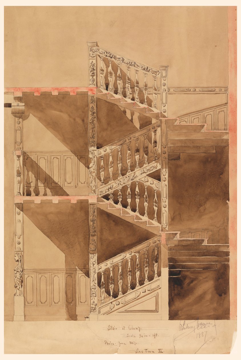 Teckning, trappan vid Cluny, Paris, 1887 av Whitney Warren Jr.
