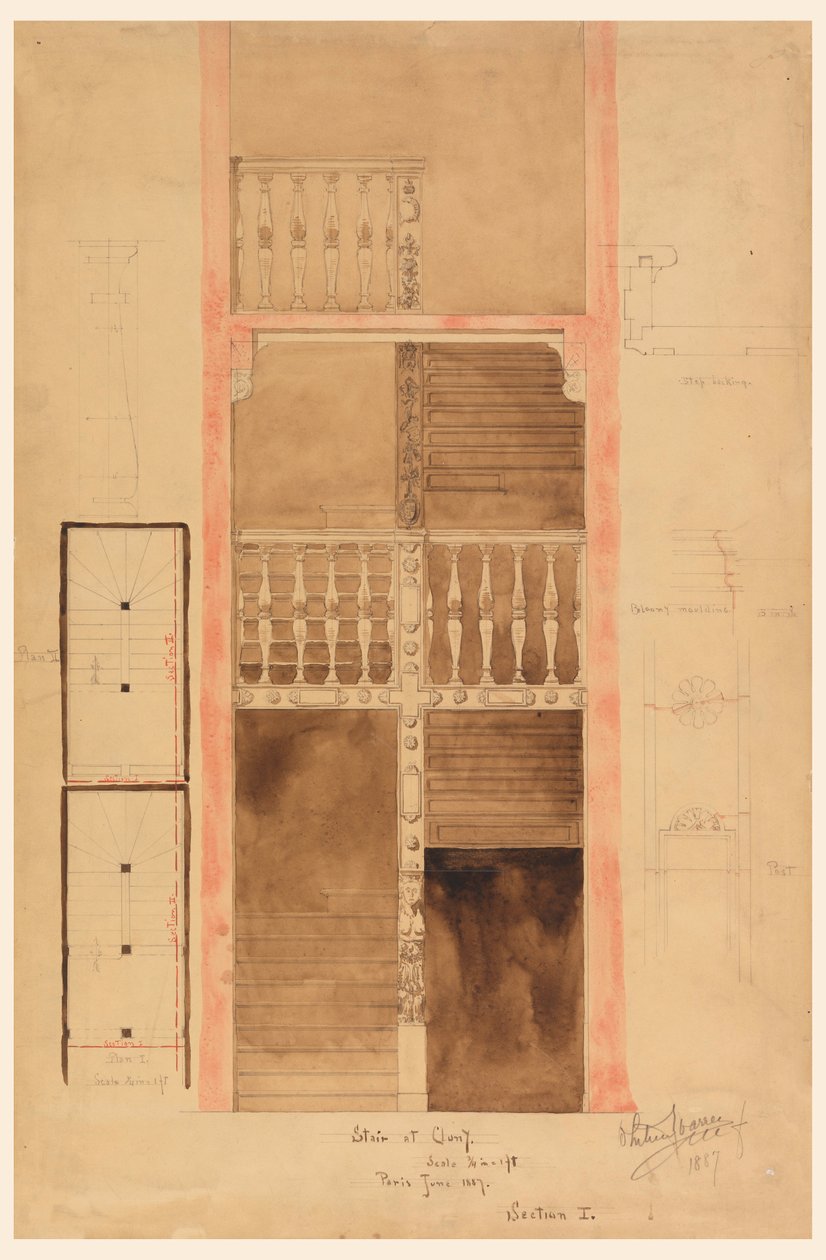 Teckning, trappan vid Cluny, Paris, 1887 av Whitney Warren Jr.