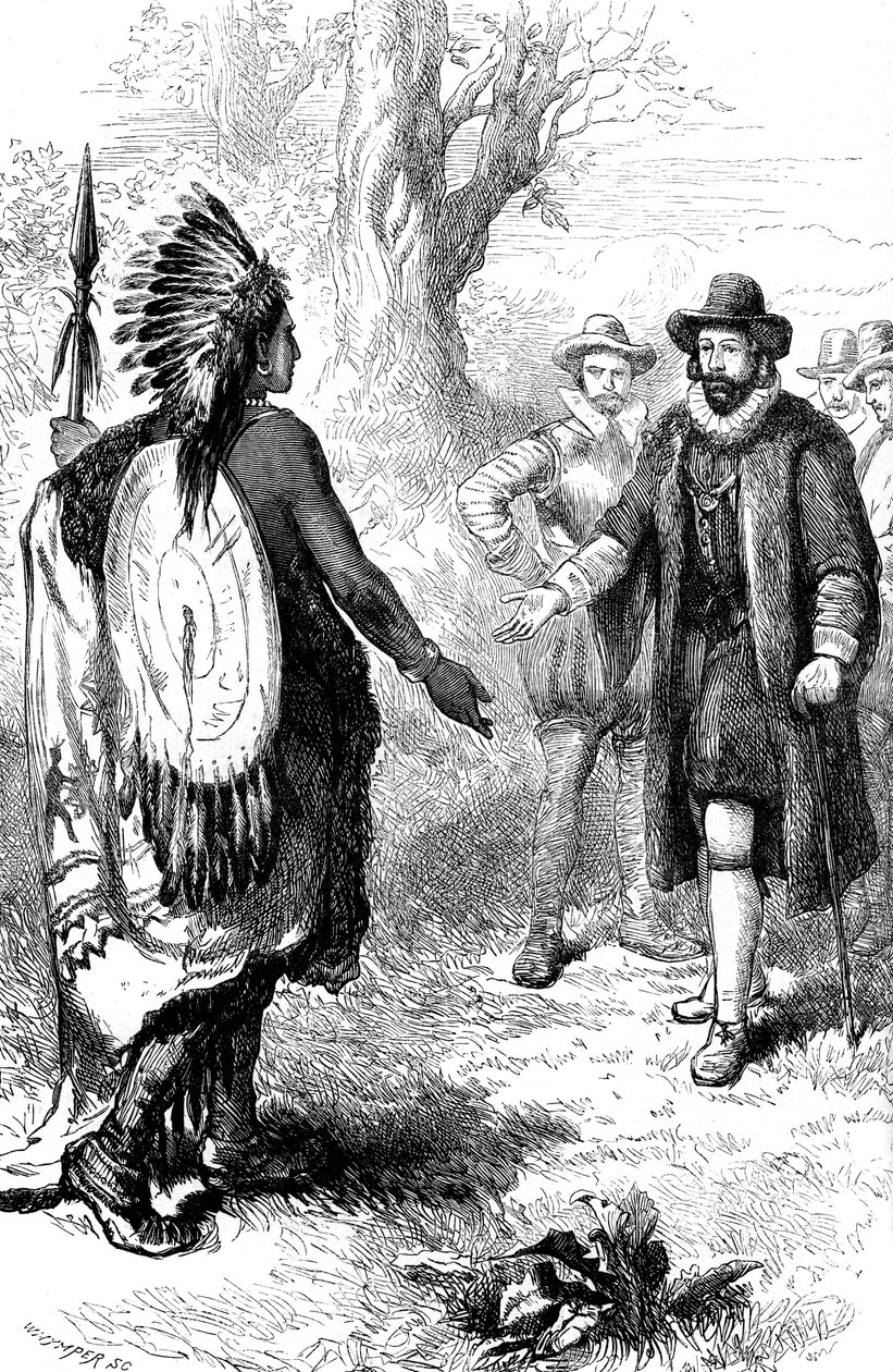 Mottagande av en Narragansett-krigare av John Winthrop, Massachusetts, c1630-talet c1880 av Whymper