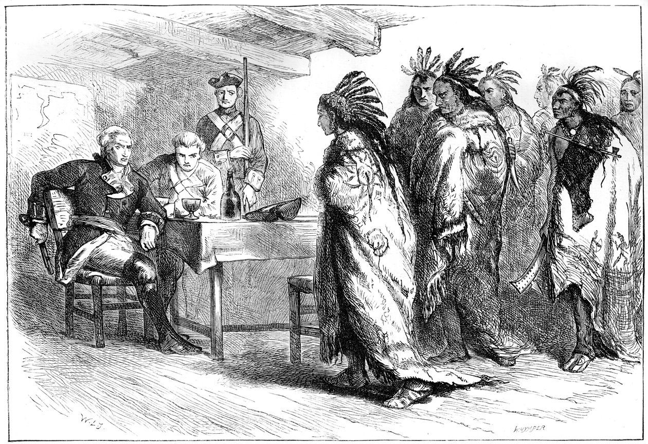 Besök av Pontiac och indianerna hos major Gladwin, 1763 c1880. av Whymper