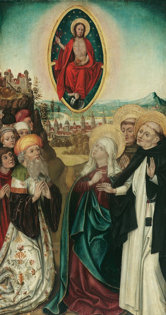 vision av st Dominic of Christ med de tre spjuten av Wiener Maler (Umkreis Meister des Schottenaltars)