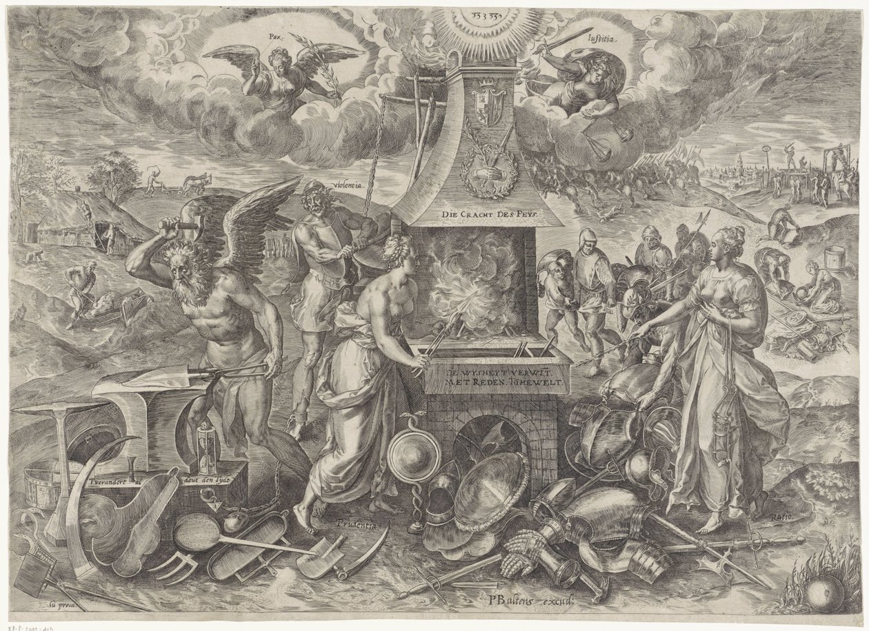 Fredens makt, 1577 Die Cracht des Peys (titel på objekt) Allegorier om den förnyade fredsperioden i Nederländerna (serietitel) av Wierix