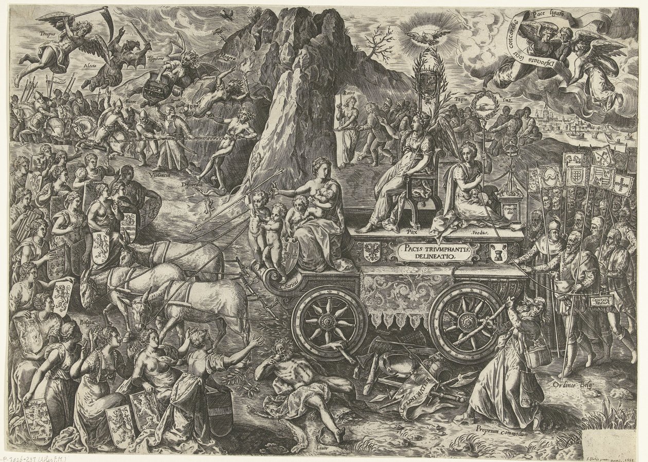 De triumphwagen van de vrede, 1577 Teckning av en triumferande fred (titel på objekt) av Wierix