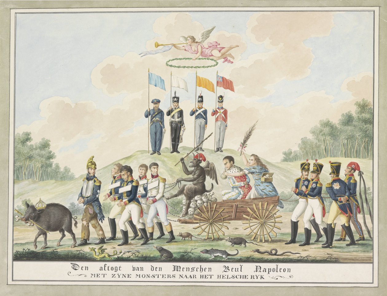 Tecknad film om Napoleons exil till Elba, 1814 Menschenbödeln Napoleons härkomst med sina monster till Hellenic Empire (titel på objektet) av Wijnand Esser (attributed to)