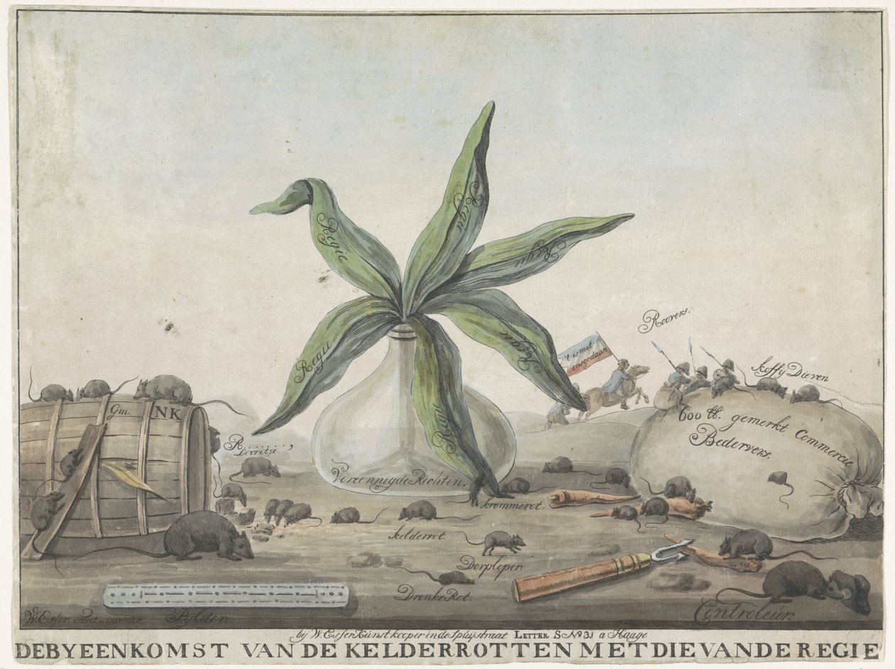 Tecknad film om franska tullen, 1813-1814 Mötet mellan Kelderrotten och Regien (titel på objekt) av Wijnand Esser