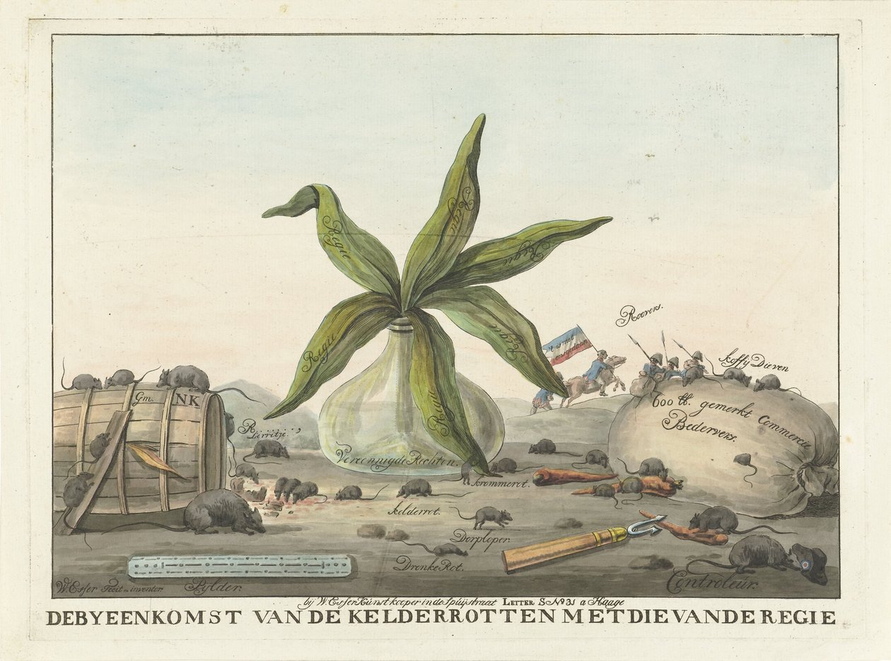 Tecknad film om franska tullen, 1813-1814 Mötet i källaren ruttet med direktörens möte (titel på objekt) av Wijnand Esser