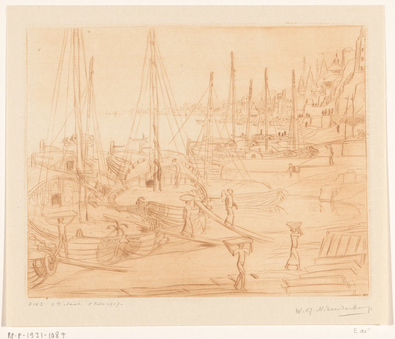 Förtöjda skepp på stranden av Ganges i Benares Ships Lossing II (originaltitel) av Wijnand Otto Jan Nieuwenkamp (signed by artist)