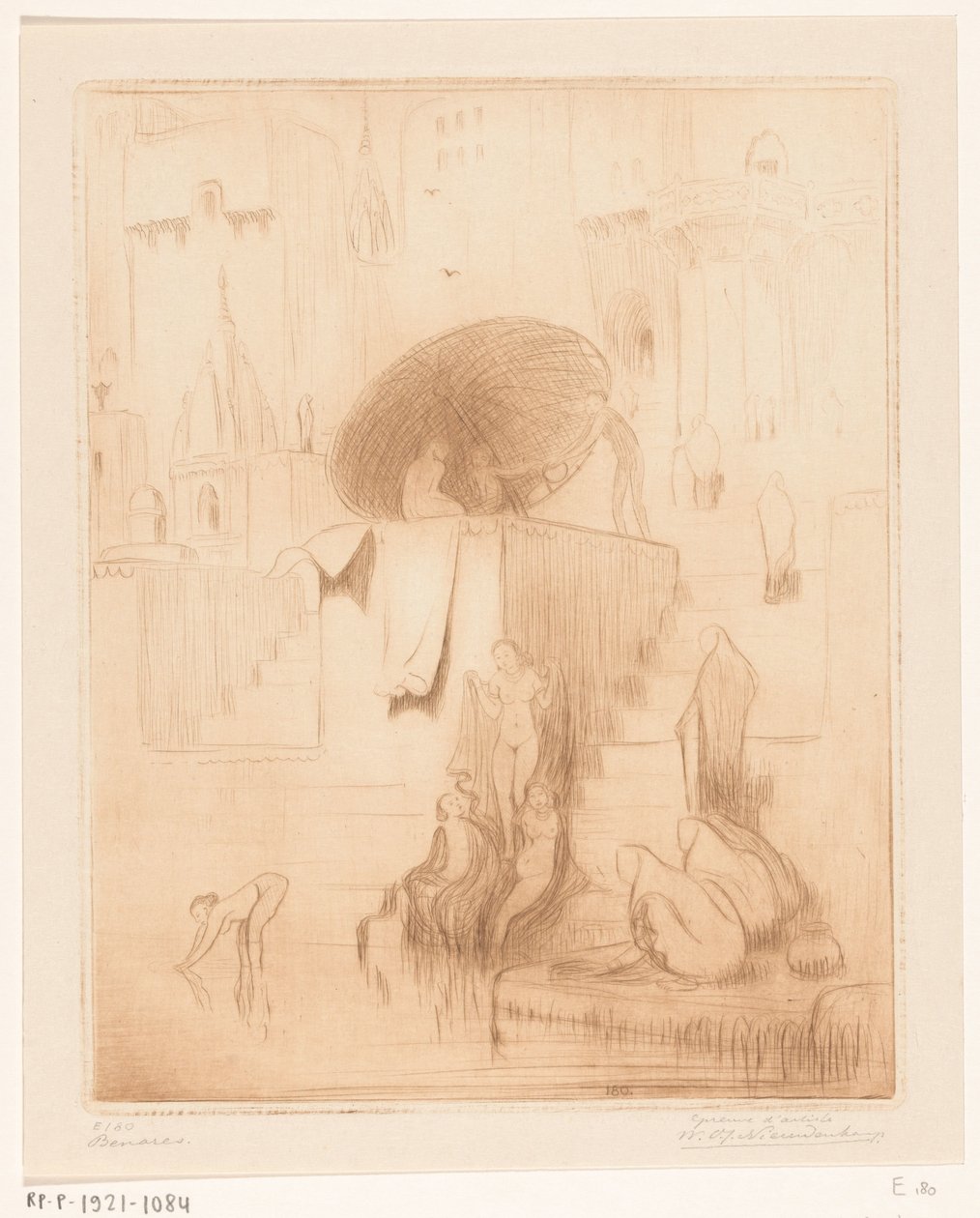 Kvinnor som badar och tvättar på stranden av Ganges i Benares Benares (originaltitel) av Wijnand Otto Jan Nieuwenkamp (signed by artist)