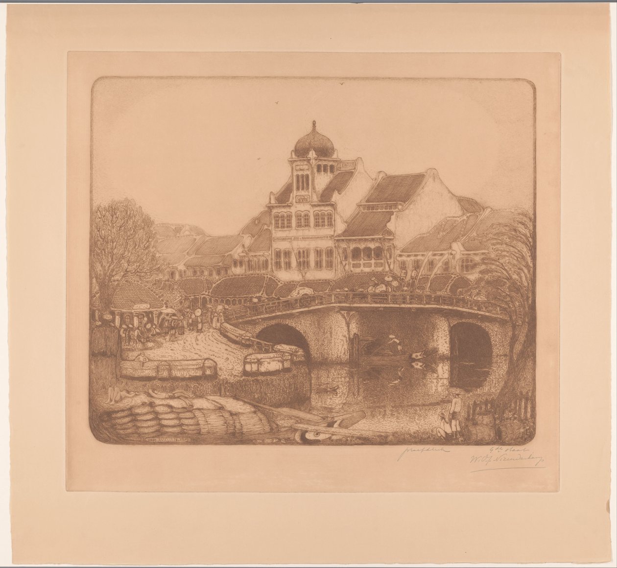 Bro och kontorsbyggnad i Batavia På Kali Besar i Batavia (originaltitel) av Wijnand Otto Jan Nieuwenkamp (signed by artist)