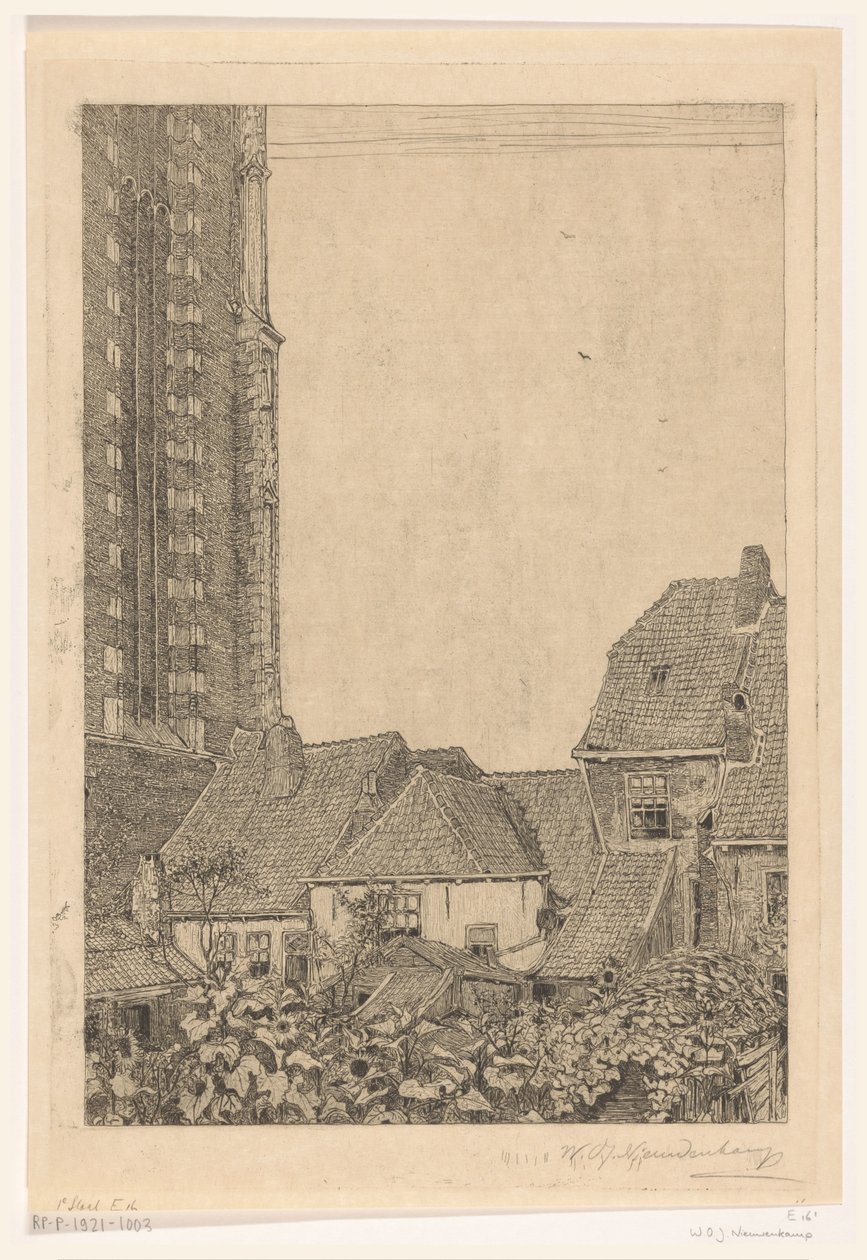 Hus vid Onze-Lieve-Vrouwetoren i Amersfoort Vid foten av tornet (originaltitel) av Wijnand Otto Jan Nieuwenkamp (signed by artist)