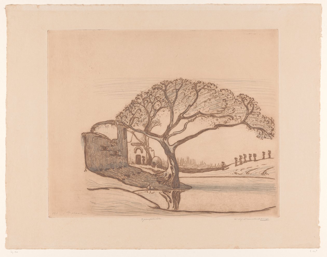 Hus, träd vid damm och kvinnor med vattenkannor på huvudet Nära Kairo (originaltitel) av Wijnand Otto Jan Nieuwenkamp (signed by artist)
