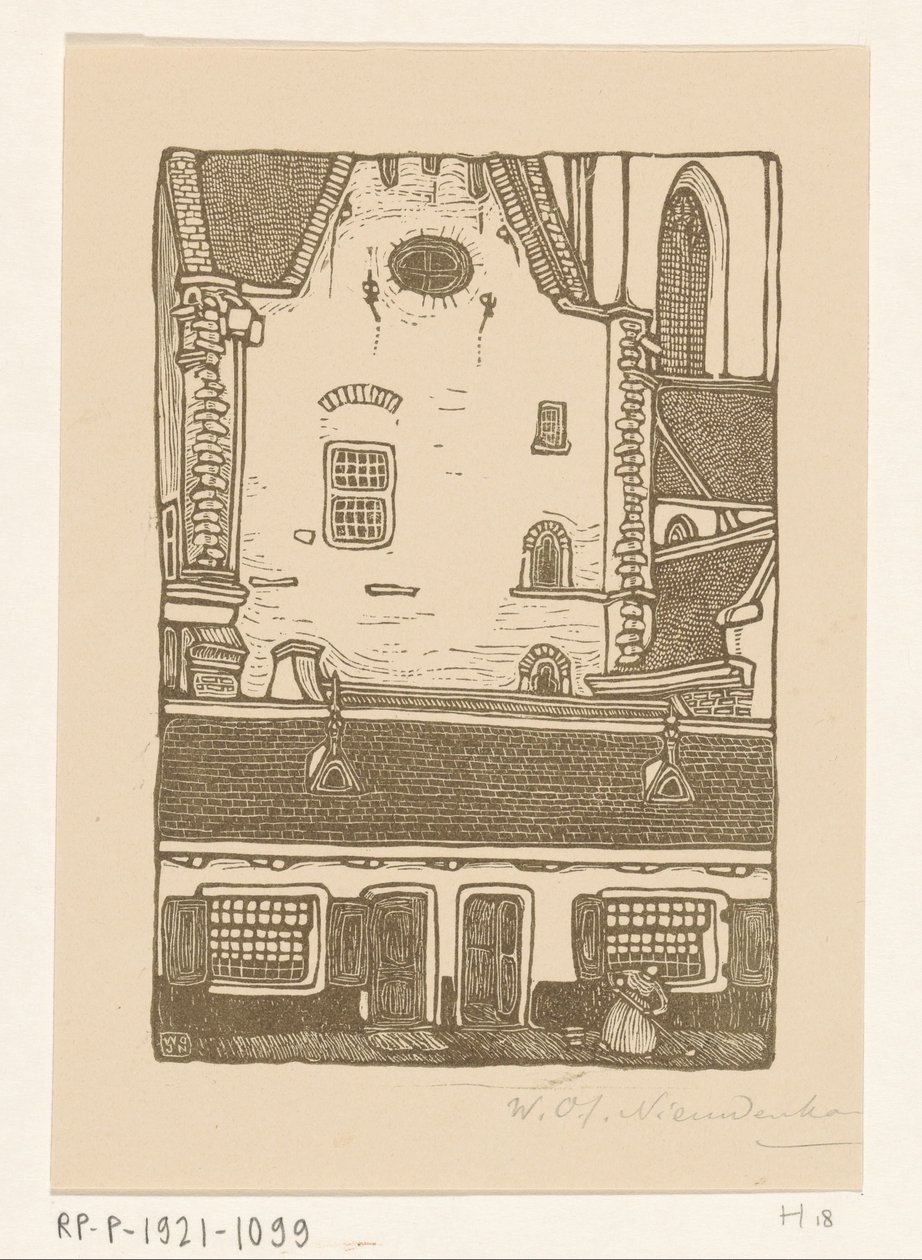 Hus mot Sint-Bavokerk på Oude Groenmarkt i Haarlem St. Bavo, Haarlem (originaltitel) av Wijnand Otto Jan Nieuwenkamp (signed by artist)