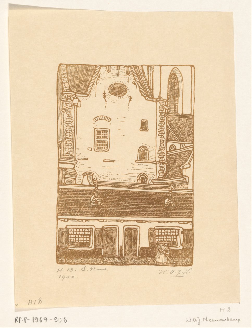 Hus mot Sint-Bavokerk på Oude Groenmarkt i Haarlem St. Bavo, Haarlem (originaltitel) av Wijnand Otto Jan Nieuwenkamp (signed by artist)