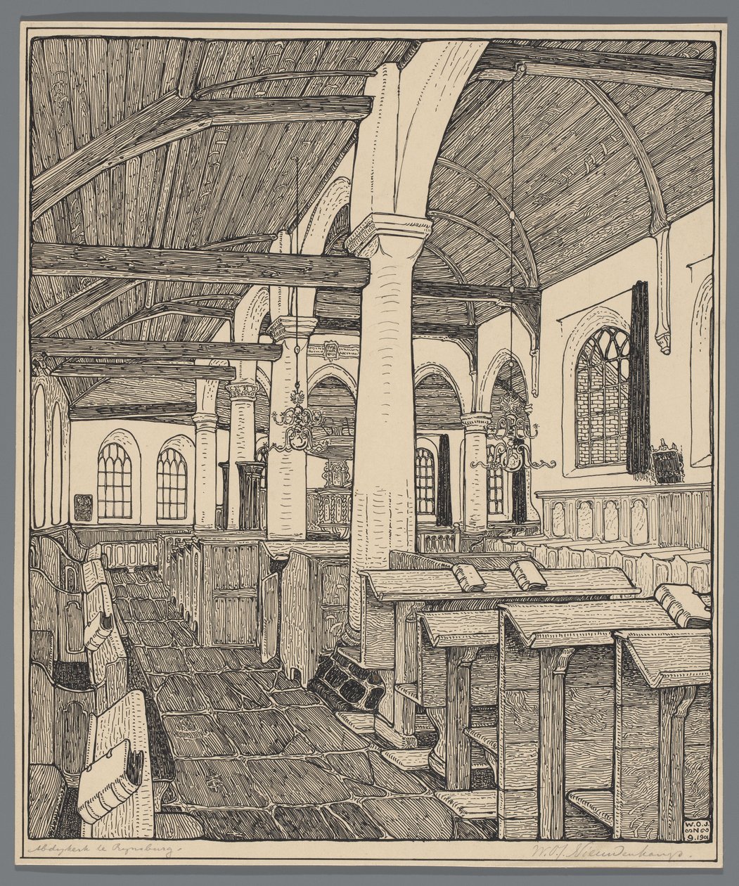 Interiör av Abbey Church i Rijnsburg av Wijnand Otto Jan Nieuwenkamp (signed by artist)