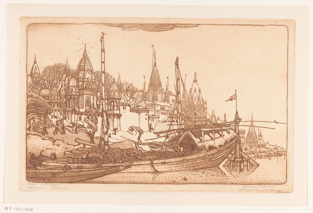 Fartyg med ved på stranden av Ganges i Benares Skepp med ved, Benares (originaltitel) Ships, Benares (titel på objekt) av Wijnand Otto Jan Nieuwenkamp (signed by artist)