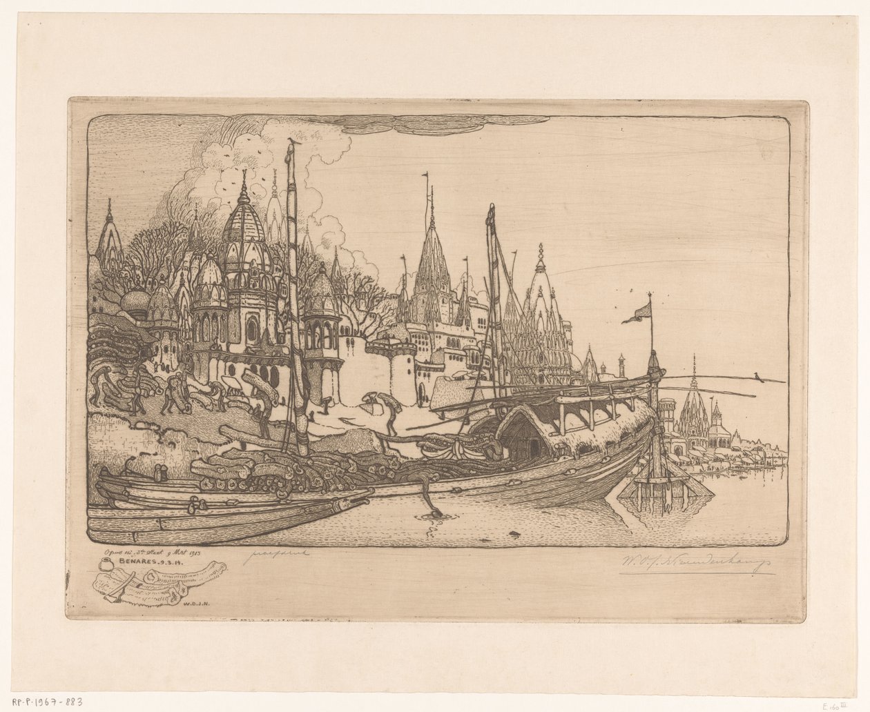 Fartyg med ved på stranden av Ganges i Benares Skepp med ved, Benares (originaltitel) av Wijnand Otto Jan Nieuwenkamp (signed by artist)