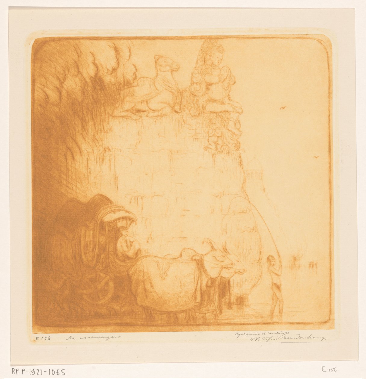 Två oxar som drar en vagn genom en flod Oxkärran (originaltitel) av Wijnand Otto Jan Nieuwenkamp (signed by artist)