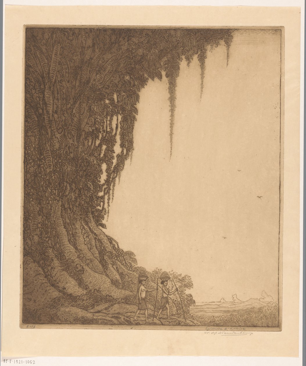 Två kvinnor med en skål med frukt på huvudet på Bali The Fruit Bearer (originaltitel) av Wijnand Otto Jan Nieuwenkamp (signed by artist)