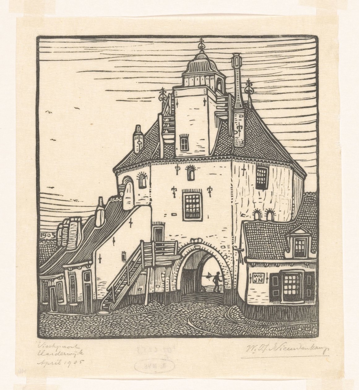 Fiskehamn i Harderwijk Het Vischpoortje, Harderwijk (originaltitel) av Wijnand Otto Jan Nieuwenkamp (signed by artist)