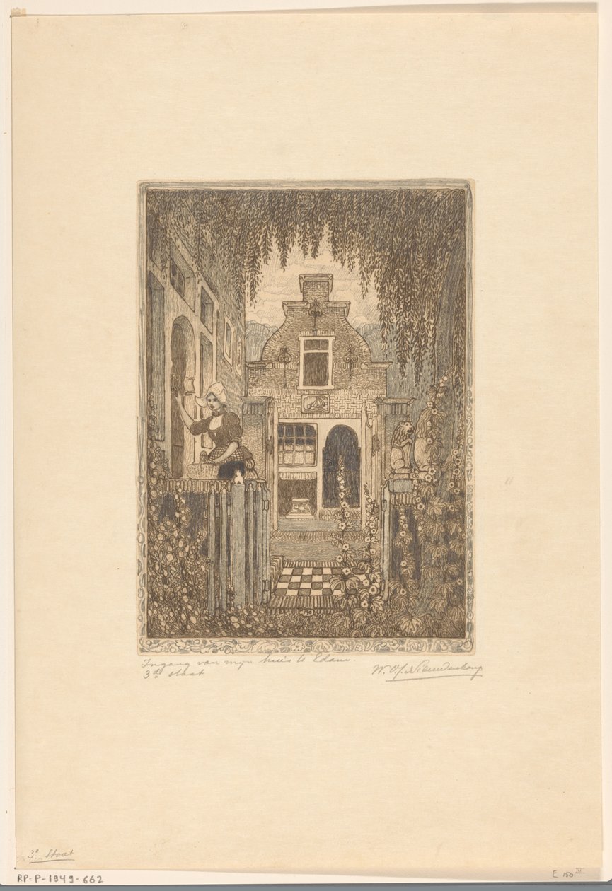 Kvinna i traditionell kostym knackar på en ytterdörr i Edam Vid ytterdörren (originaltitel) Ingången till mitt hus i Edam (titel på objektet) av Wijnand Otto Jan Nieuwenkamp (signed by artist)