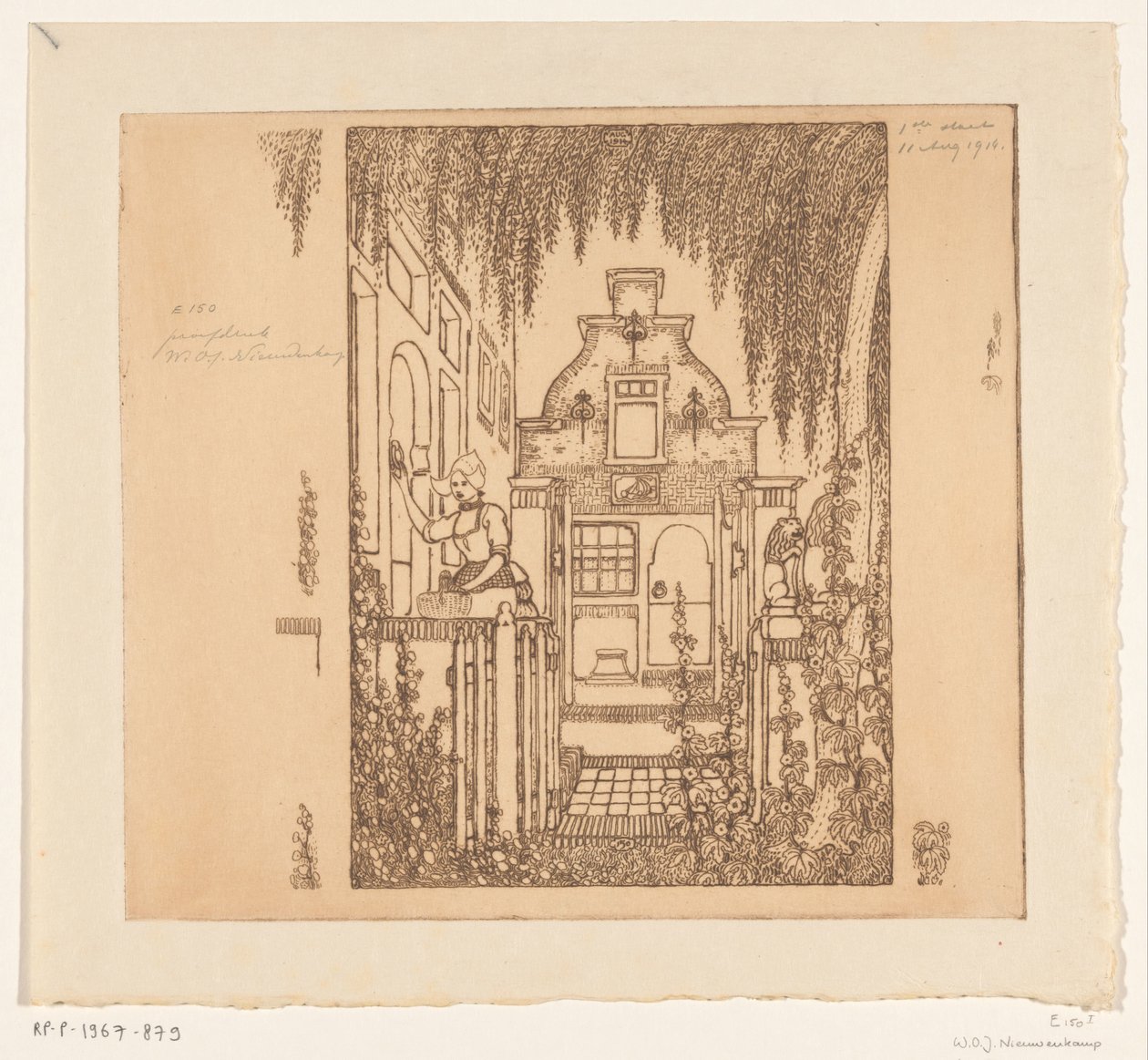 Kvinna i traditionell klänning knackar på en ytterdörr i Edam Vid ytterdörren (originaltitel) av Wijnand Otto Jan Nieuwenkamp (signed by artist)