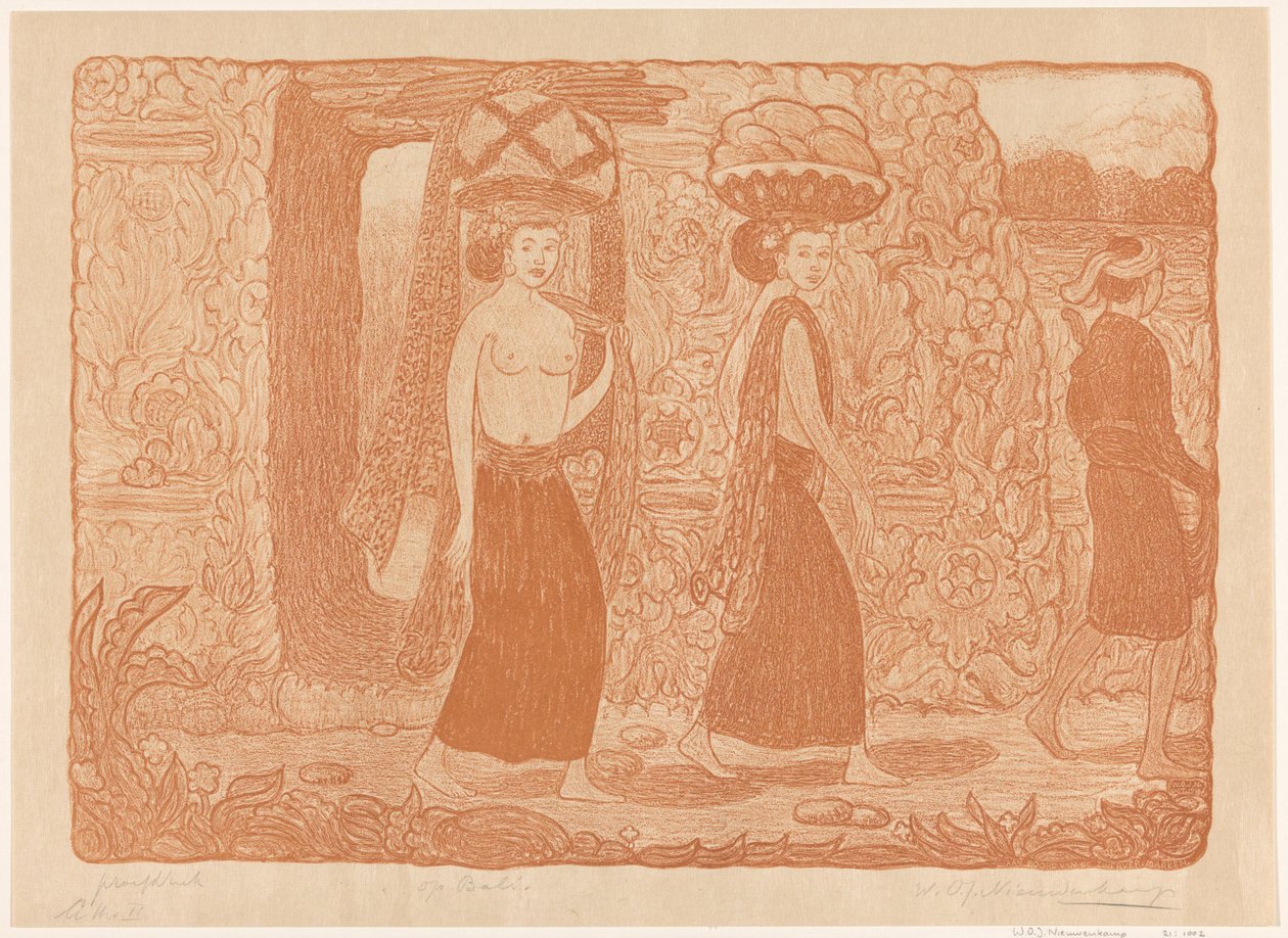 Kvinnor bär föremål på huvudet vid ett tempel på Bali I ett tempel, Bali (originaltitel) På Bali (titel på objekt) av Wijnand Otto Jan Nieuwenkamp (signed by artist)
