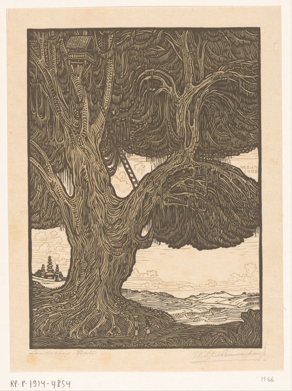 Waringin med trädkoja i södra Bali Vaktposten, South Bali (originaltitel) Landskap Bali (titel på objekt) av Wijnand Otto Jan Nieuwenkamp (signed by artist)