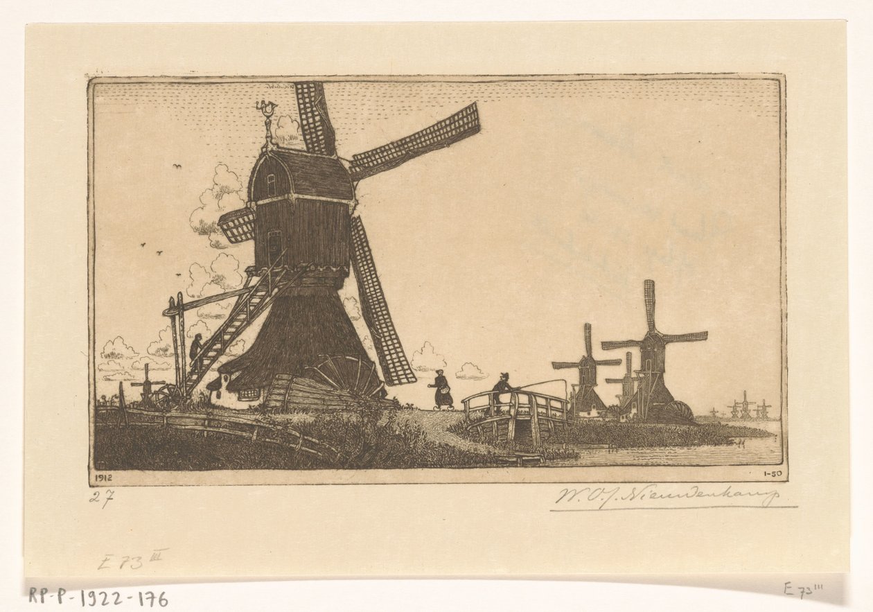 Wipmolens på Vlist mellan Haastrecht och Schoonhoven Vattenkvarnar nära Gouda (originaltitel) av Wijnand Otto Jan Nieuwenkamp (signed by artist)