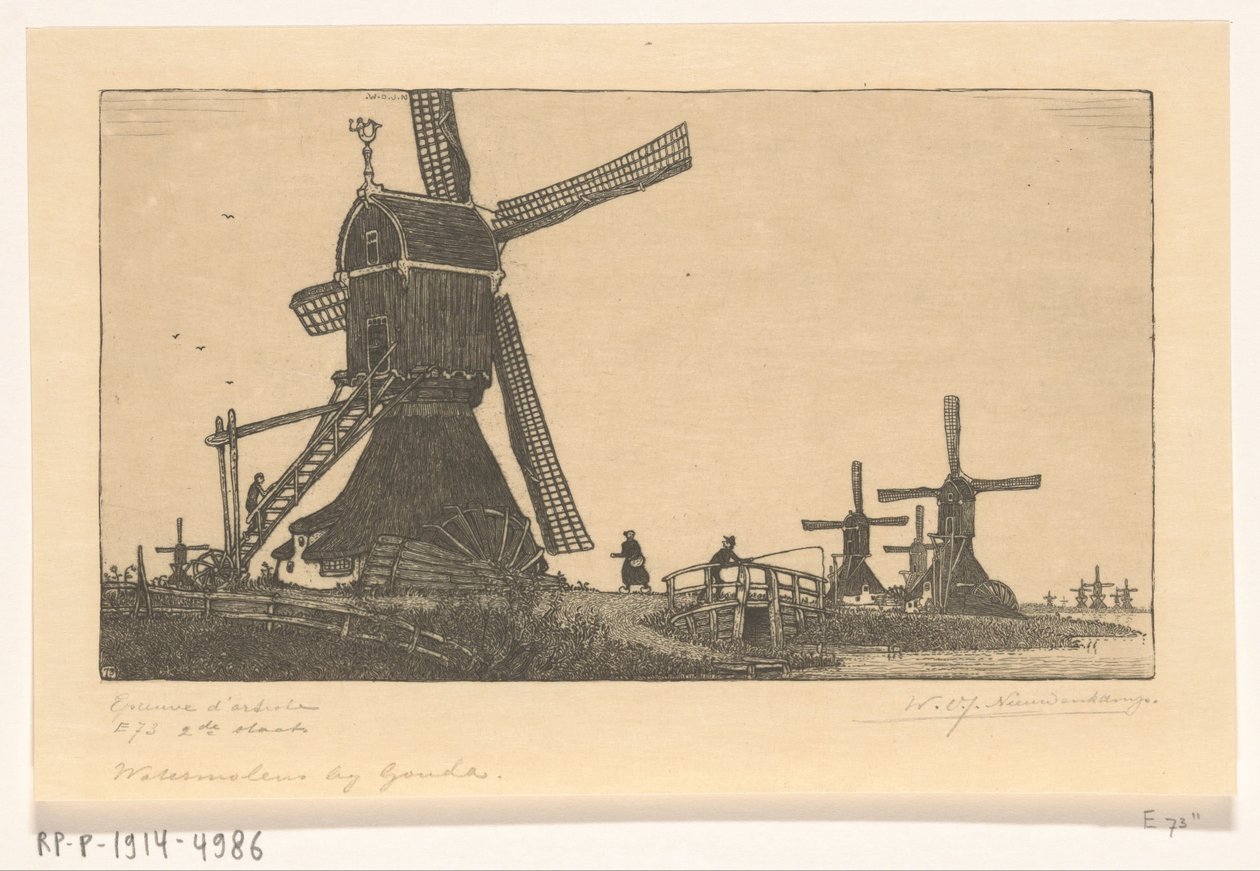 Wipmolens på Vlist mellan Haastrecht och Schoonhoven Vattenkvarnar nära Gouda (originaltitel) av Wijnand Otto Jan Nieuwenkamp (signed by artist)