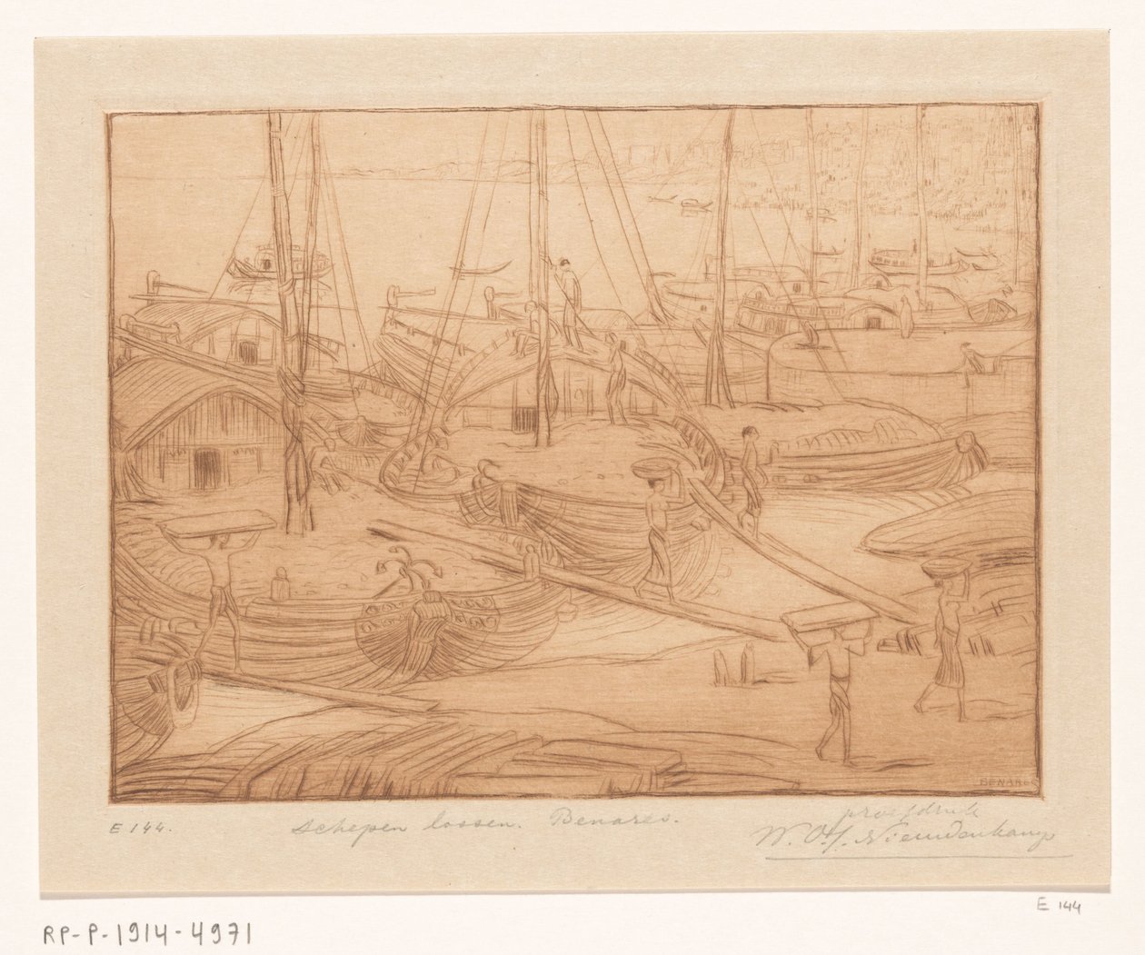 Förtöjda fartyg på stranden av Ganges i Benares Lossa fartyg (originaltitel) av Wijnand Otto Jan Nieuwenkamp