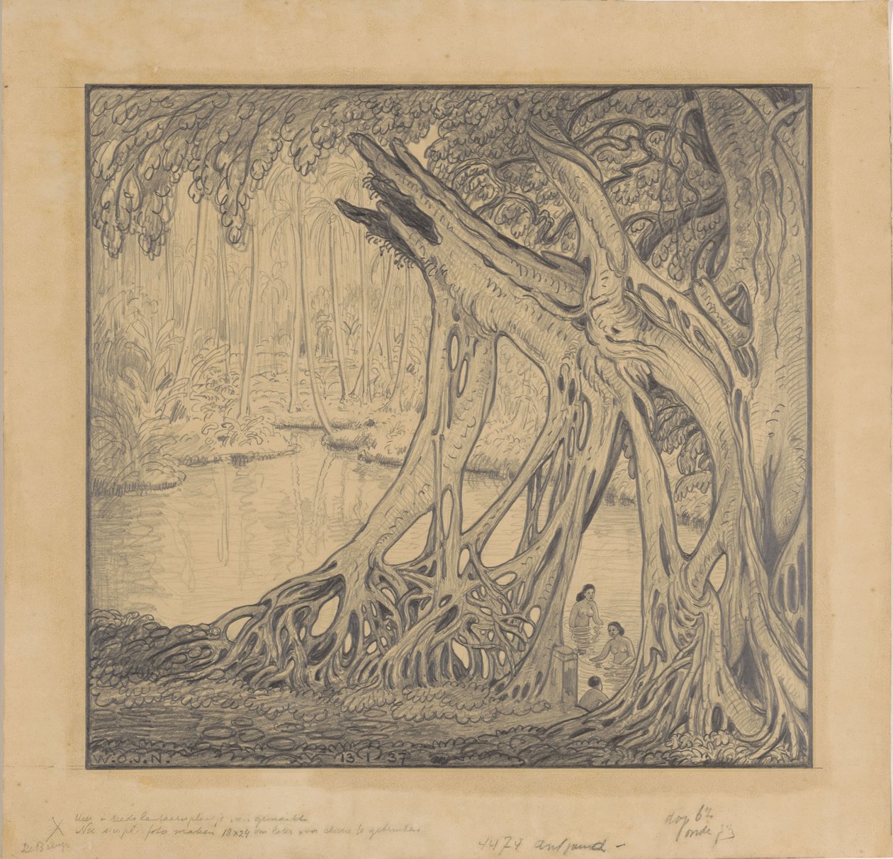 Tropisk skog med badgäster av Wijnand Otto Jan Nieuwenkamp