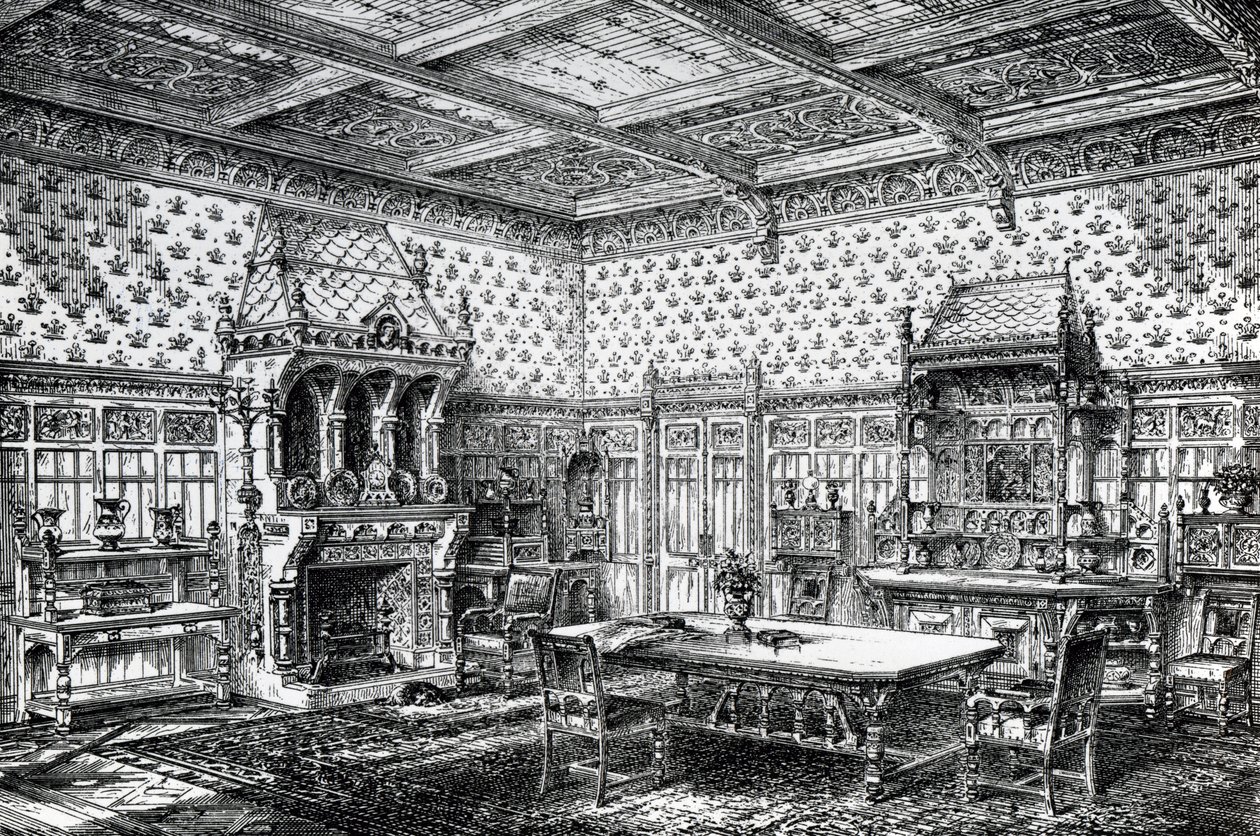 Design för en gotisk matsal, publicerad i The House-Furnisher & Decorator, 1 september 1872 av Wilberforce Haddon