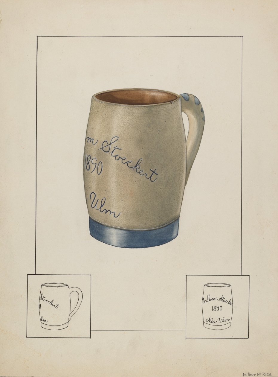 Ölmugg av lergods, ca. 1938. av Wilbur M Rice
