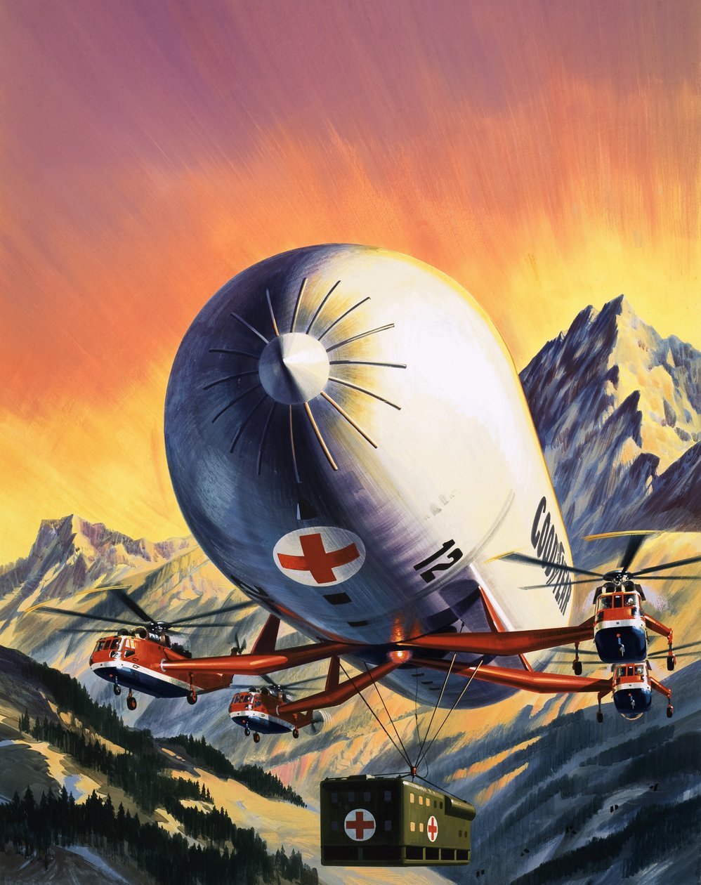 En futuristisk kombination av helikoptrar och luftskepp som används för att transportera stora laster av Wilf (20th century) Hardy