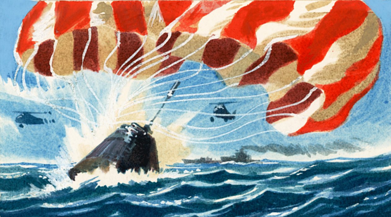 En rymdkapsel återvänder till jorden med fallskärm av Wilf (20th century) Hardy