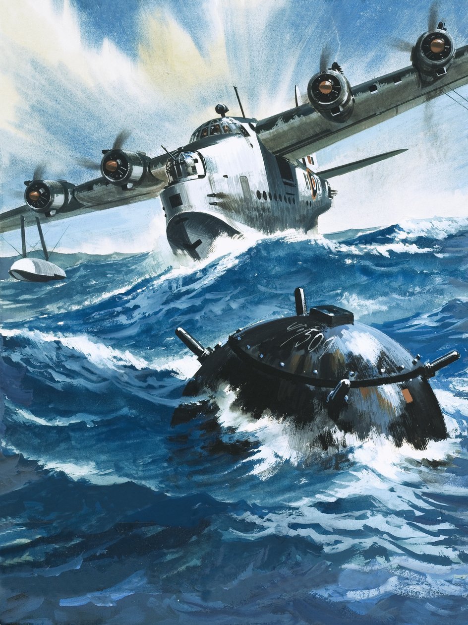 När flygofficer G.O. Singleton satte igång motorn på Short Sunderland såg han en drivande mina av Wilf (20th century) Hardy