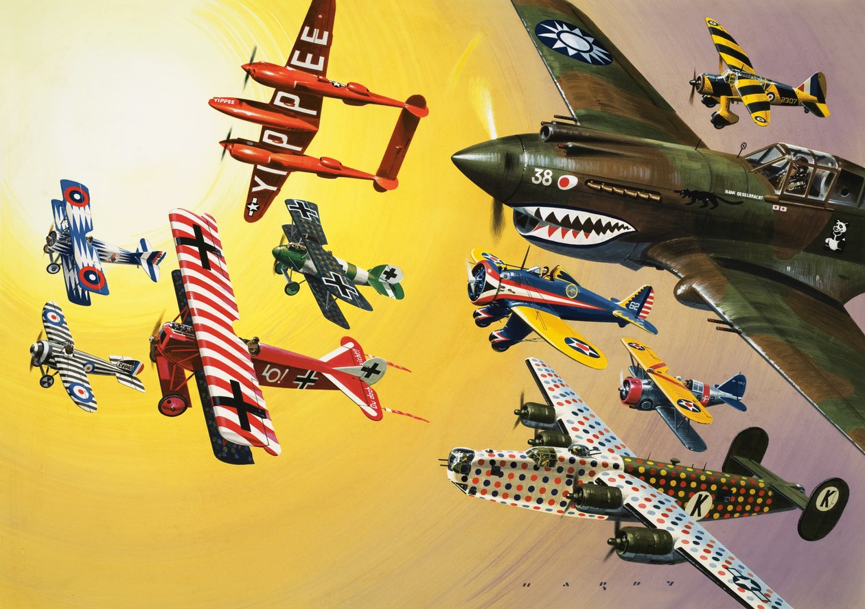 Montage av flygplan med färgglada markeringar av Wilf (20th century) Hardy