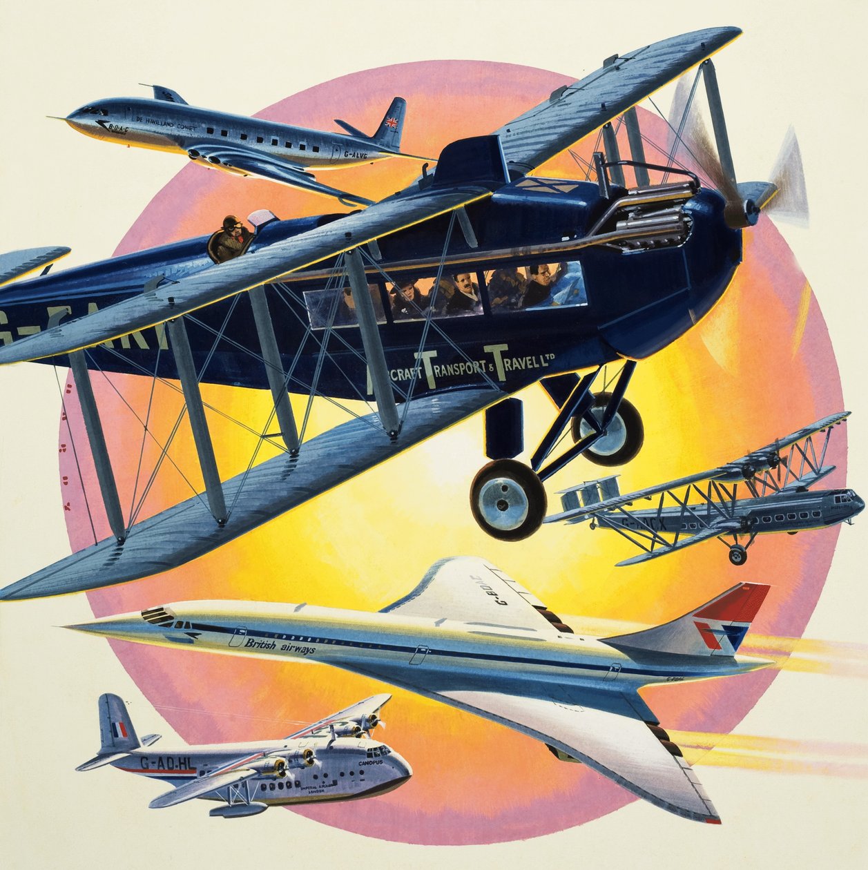 Montage av passagerarflygplan inklusive Concorde (gouache på papper) av Wilf (20th century) Hardy