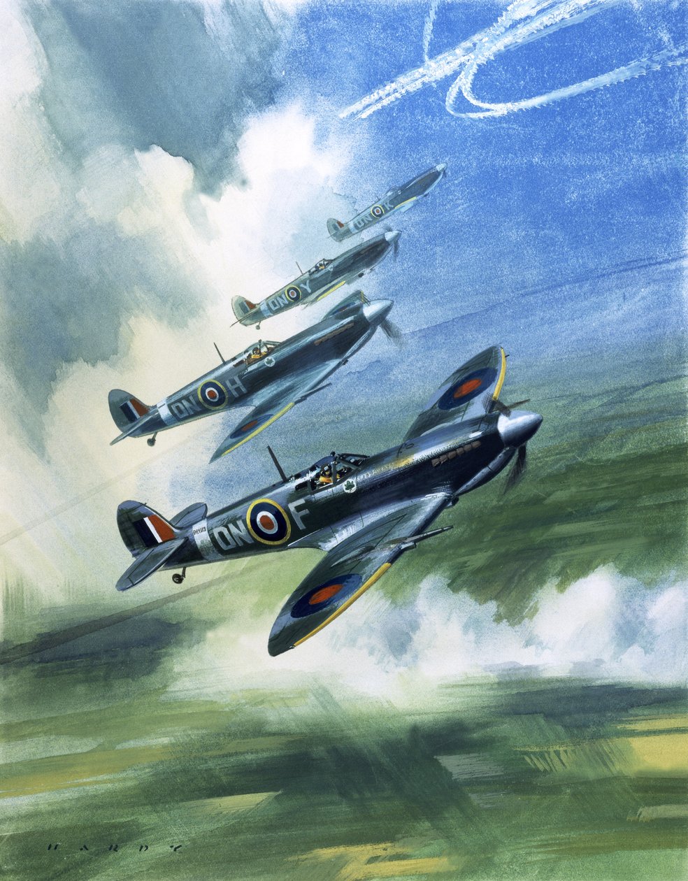 Patrullerande flyg från 416 Squadron, Royal Canadian Air Force, Spitfire Mark 9s (gouache på papper) av Wilf (20th century) Hardy