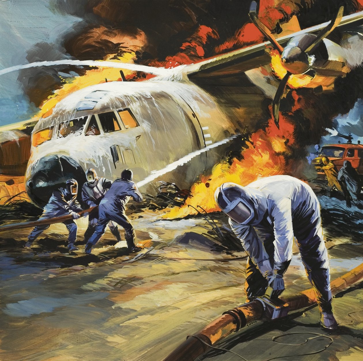 Släckning av brand efter flygolycka av Wilf (20th century) Hardy