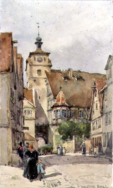 Gatubild, Rotenburg, som visar Weisser Turm och Judentanzhaus av Wilfrid Williams Ball