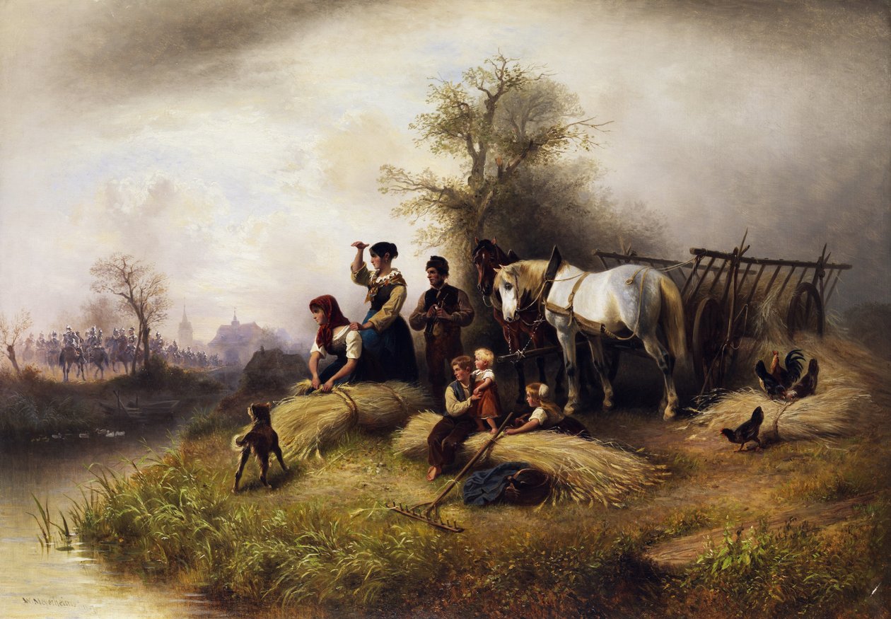 Bauernfamilie bei der Kornernte beobachtet einen Zug der Kavallerie av Wilhelm Meyerheim