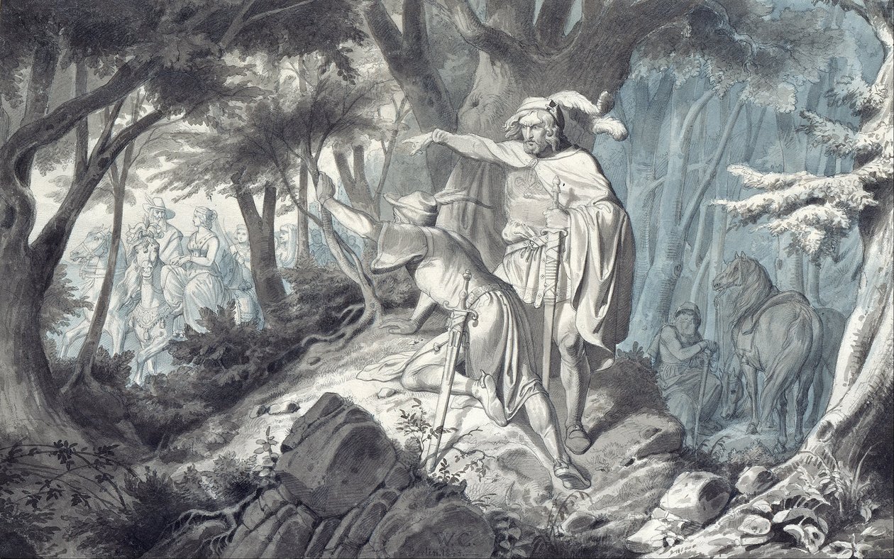 Tristan och Kadin tittar i hemlighet på Isolde ute och rider av Wilhelm Camphausen