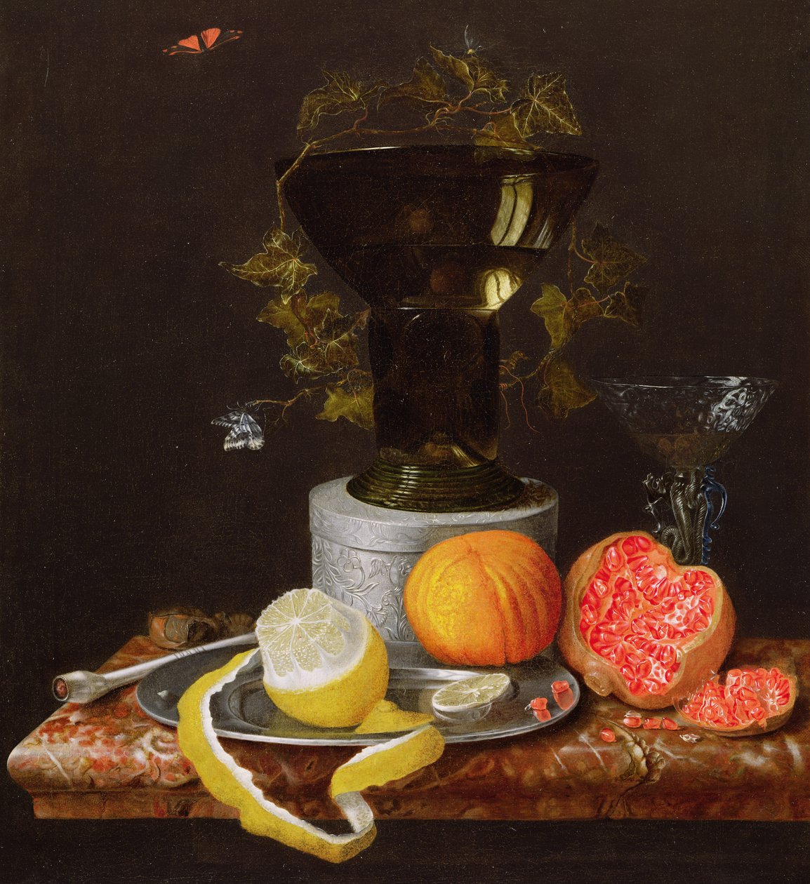 Ett stilleben med ett glas och frukt på en avsats av Wilhelm Ernst Wunder