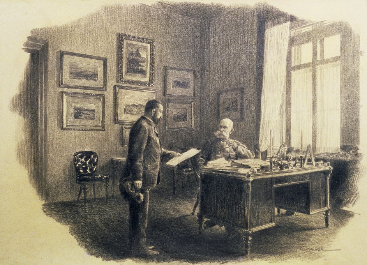 Kejsar Franz Josef I av Österrike (1830-1916) vid sitt skrivbord i Jagdrock (penna) av Wilhelm Gause