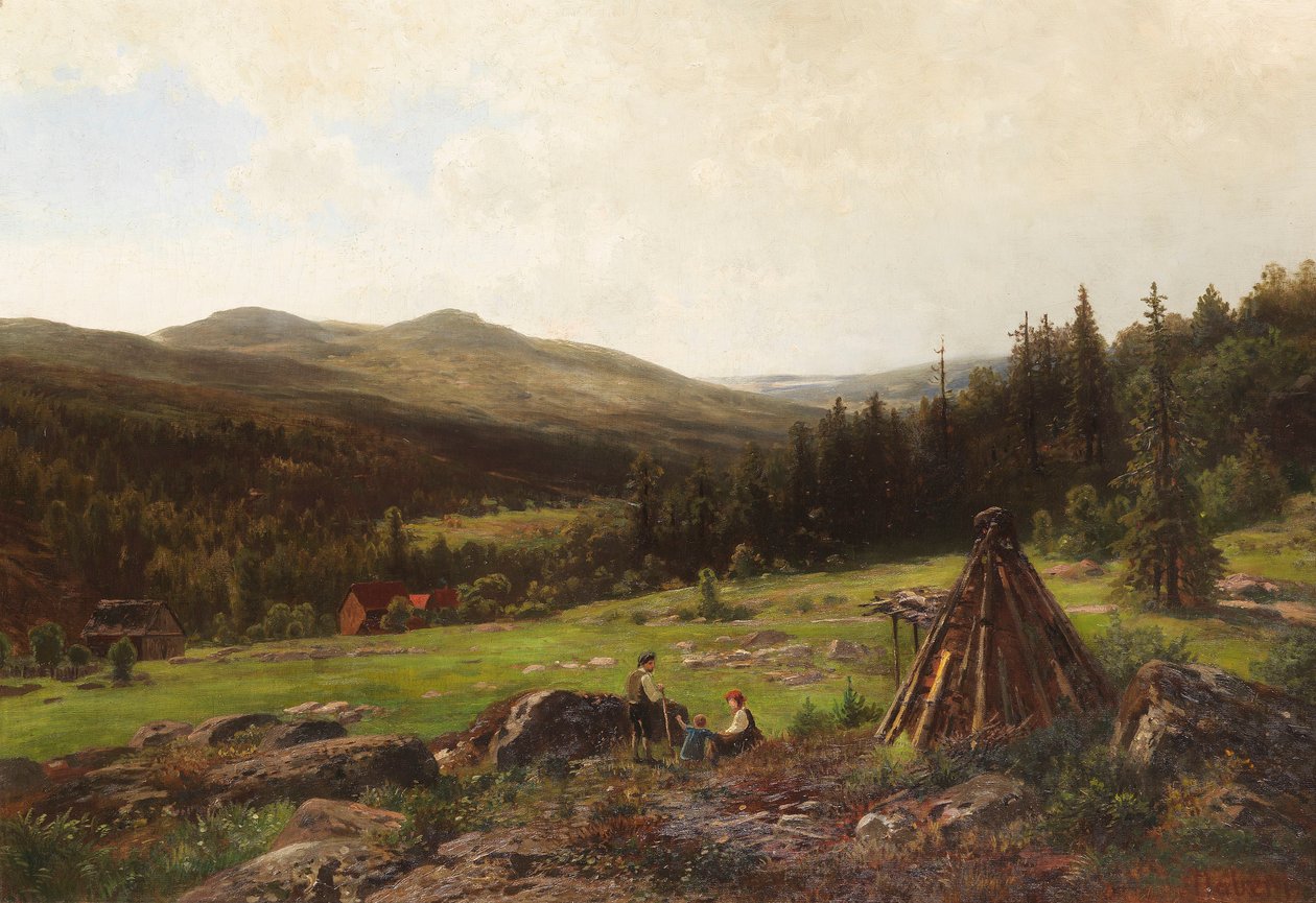 Koehler -familjen framför ett brett kuperat landskap av Wilhelm Julius August Nabert