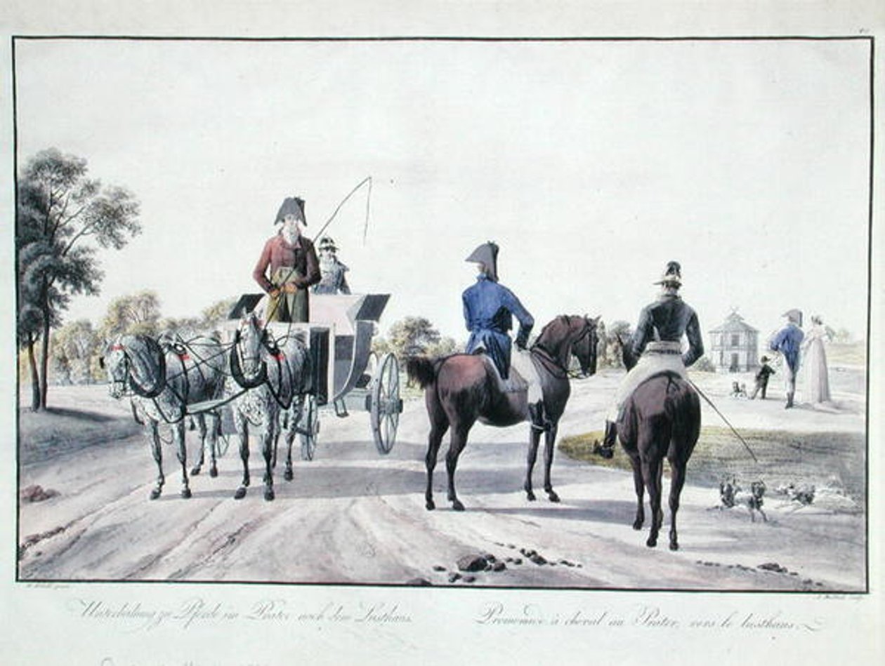 Ridning i Prater Park, Wien, graverad av Adam von Bartsch (1757-1821) 1804 (färgad gravyr) av Wilhelm Alexander (after) Kobell